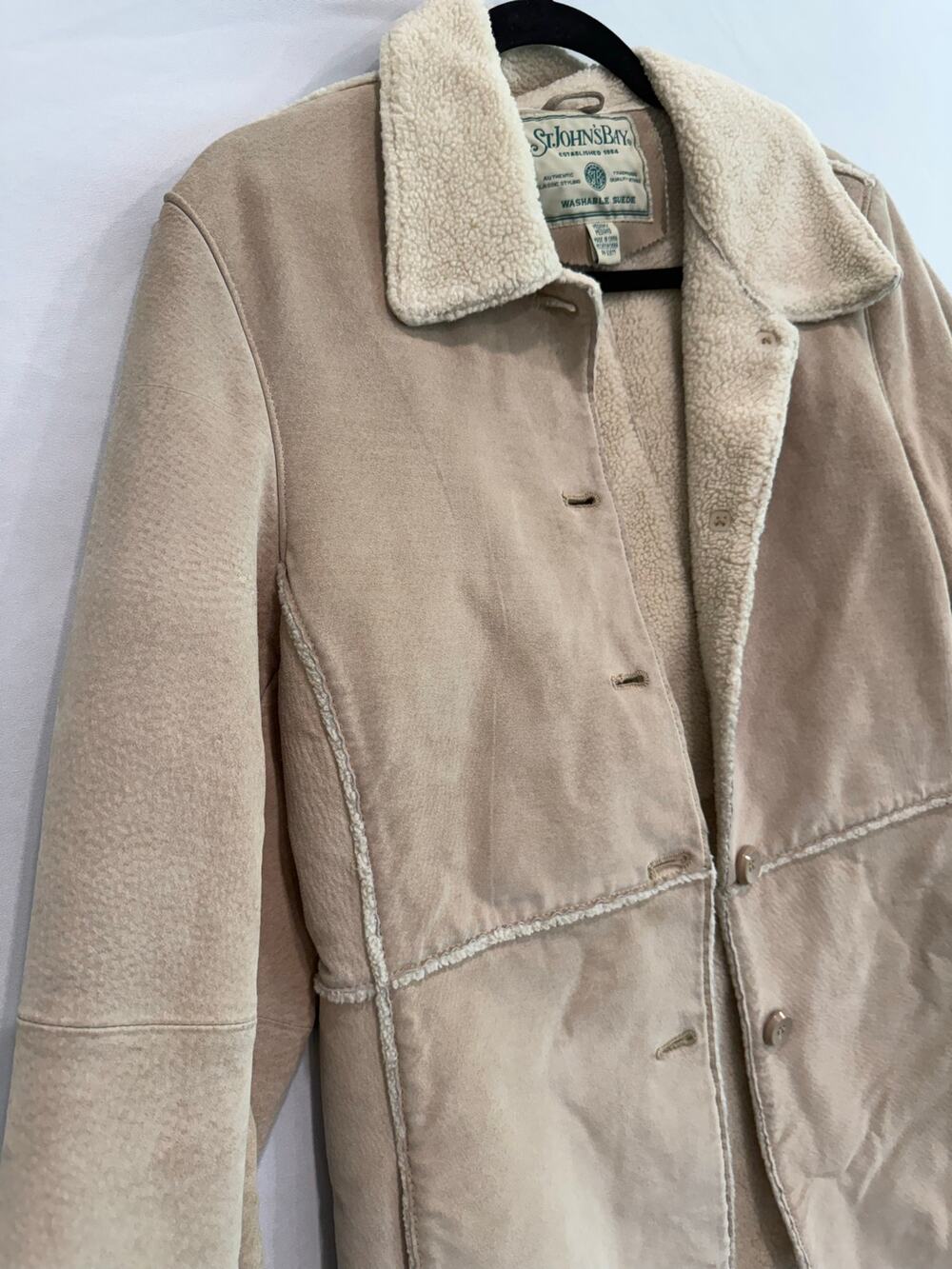 St John’s Bay Genuine Suede Leather Sherpa Coat Tan Y2K Medium